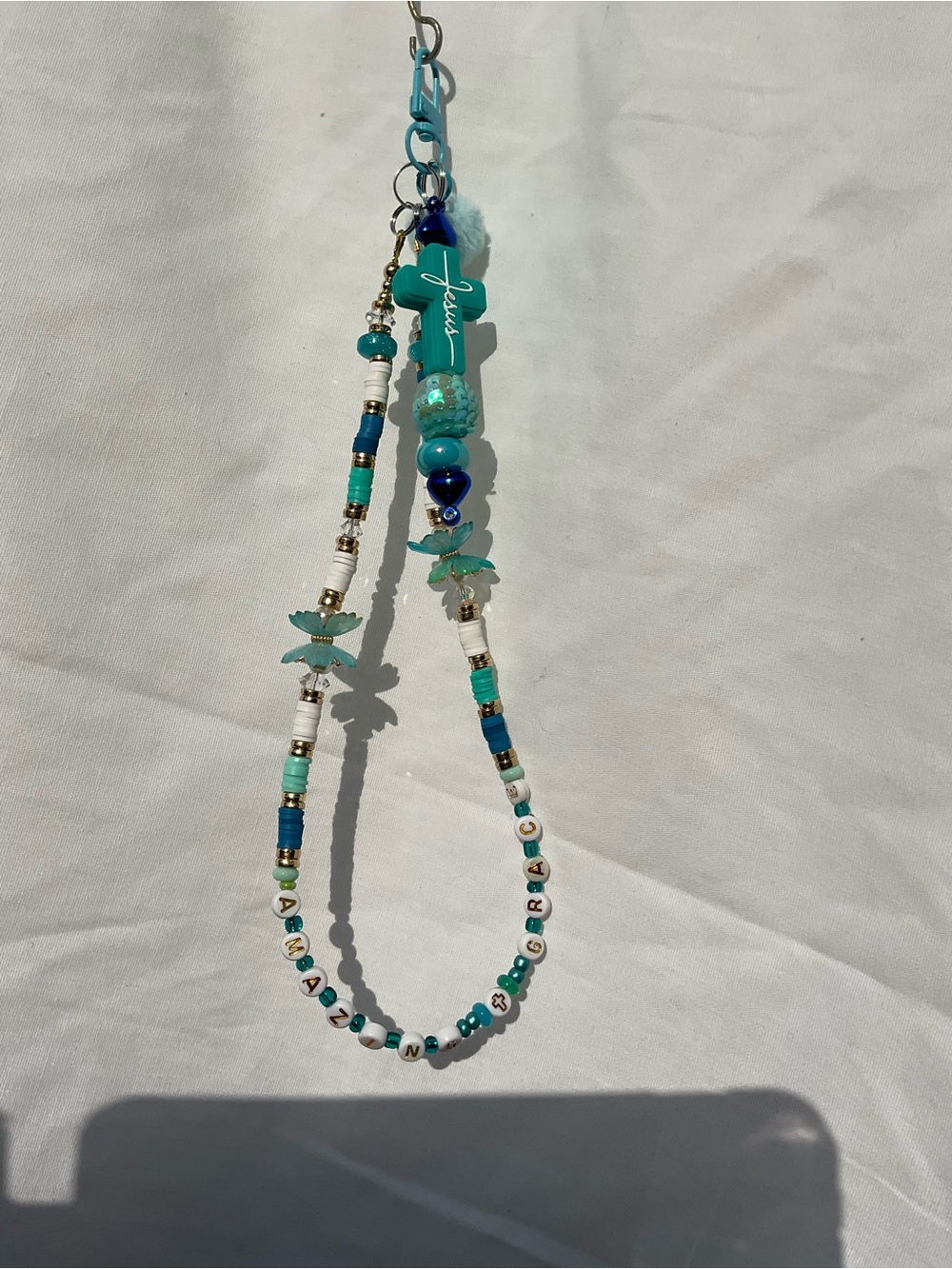 Turquoise beaded keychain with beaded bar “Amazing Grace”